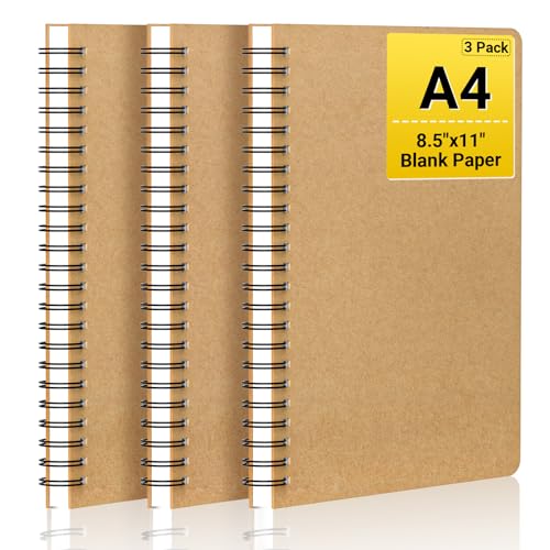 EUSOAR Spiral Unlined Notebook, A4 3 Packs 8.5"x 11" 120 Pages Hardcover Blank College Spiral Travel Writing Journals, Kraft Hardcover, School Students Office Business Diary, Memo Notepad Sketchbook - color: Kraft, size: A4-3 Packs