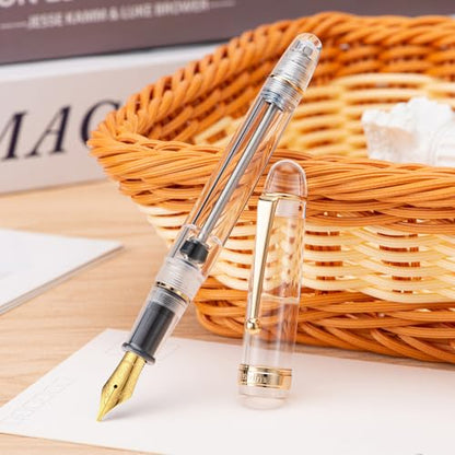 Asvine V126 Vacuum Filling Fountain Pen, Clear Demonstrator Acrylic Stub Nib 1.1mm Calligraphy Art Drawing with Case Set - color: Transparent clear, style: Stub Nib