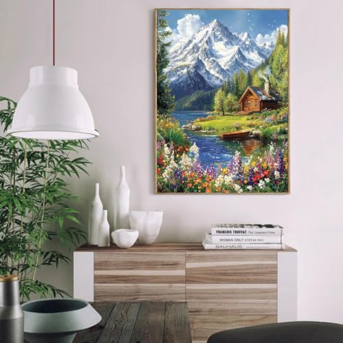 LWZAYS Mountain Paint by Numbers Kit for Adults Beginner, Cabin Adult Paint by Number Kits on Canvas, Mountain Landscape Acrylic Paint by Number Kit for Gift Decor - 16x20Inch