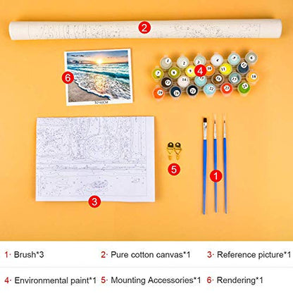 TUMOVO Paint by Numbers for Adults Beach Landscape DIY Canvas Painting Kit | Seaside Oil Painting with Acrylic Paints and 3 Brushes, Stress-relief Painting Kits for A Calming Hobby, 16x20 Inch