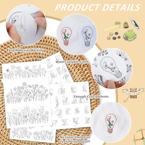 Water Soluble Stabilizer Embroidery Pattern - Flower Letter Stick & Stitch Embroidery Paper Wash Away, Wildflower Hand Sewing Patterns for T-Shirt Bag Towel (4 Sheets) - style: Letter975