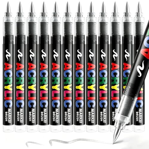 12 Silver Paint Pen, Brush Tip Acrylic Paint Markers | for Rock Painting, Wood, Glass, Ceramic, Canvas, Fabric, Stone, Decoration, DIY Crafts Kit Making, Art Supplies - color: 12 Silver
