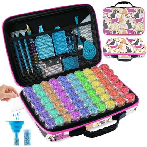 TAVOLOZZA Diamond Painting Storage Containers, 60 Slots Diamond Painting Accessories and Tools with Jars for Beads, Portable Diamond Art Organizer Case, Diamond Art Kit Storage Box, Pink - style: Cat 60