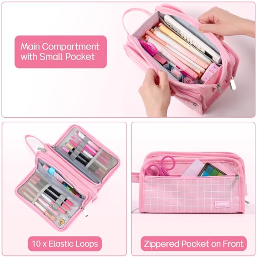 Sooez Large Pencil Case, Pencil Pouch, Pencil Bag, Pencil Box, Pure Pink | Ample Storage, Durable Canvas, Smooth Zippers, Portable Handle, Cute Stationery Organizer, Makeup Bag, School Supplies, Girls - color: Pink