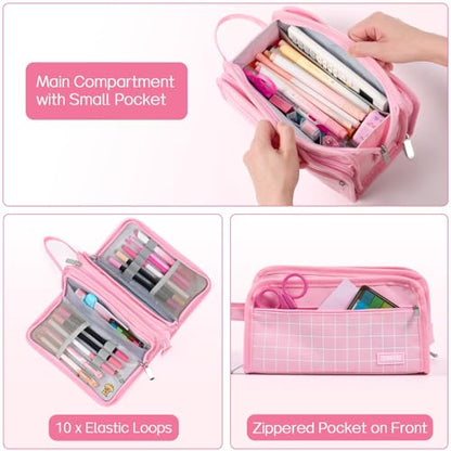 Sooez Large Pencil Case, Pencil Pouch, Pencil Bag, Pencil Box, Pure Pink | Ample Storage, Durable Canvas, Smooth Zippers, Portable Handle, Cute Stationery Organizer, Makeup Bag, School Supplies, Girls - color: Pink