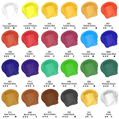 Artecho 24 PCS Paint Brushes & Professional Acrylic Paint Set, 24 Basic Colors Tubes (60ml / 2.02oz)