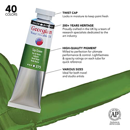 Daler Rowney Georgian Water Mixable Oil Paint Sap Green 37ml Tube - Art Paints for Canvas Paper and More - Oil Painting Supplies for Artists and Students - Artist Oil Paint for Any Skill Set