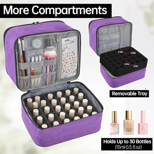 Buruis 2 Layer Nail Polish Bag, Nail Supplies Organizer, Purple | Dual Zippers, Adjustable Divider, Nail Dryer Storage, Fits 25 Bottles (15ML), Nail Tools Bag, Portable Manicure Case - color: Purple