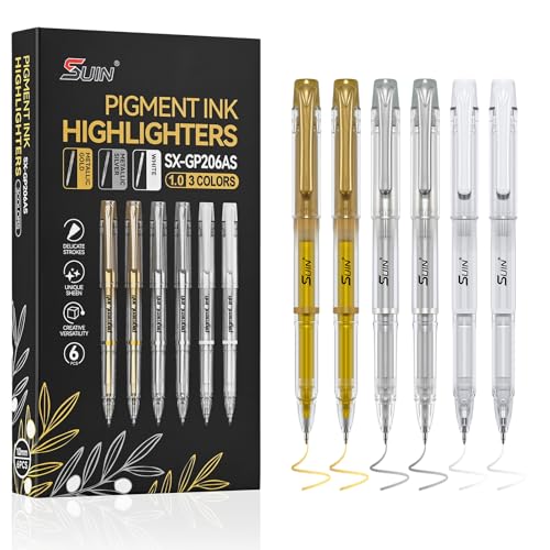 SUIN 6 Pack Metallic Gel Pens Set, Gold Silver White Opaque Ink Pens for Black Paper, 1.0mm Capped Art Markers for Adult Coloring, Card Making & Illustration