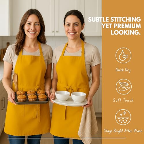 Native Fab Kitchen Apron 2 Pack - 100% Cotton Adjustable, Durable Apron with Pockets, Perfect for Cooking, Baking, Grilling - color: Mustard Yellow