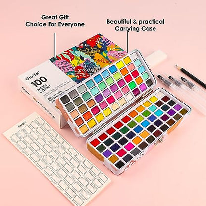 Grabie Watercolor Paint Set of 100 Color with Brush Pens - color: 100 Colors