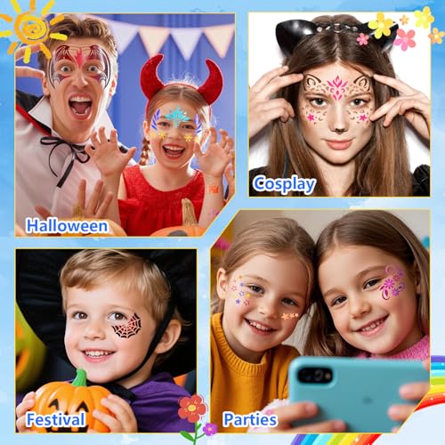 58 PCS Face Paint Stencils for Kids and Adults, 36 Reusable Facial Painting Templates, 6 Sticky Tattoo Stencils, 10 Makeup Brushes, 2 Adhesive Gem Stickers, 4 Finger Sponges for Party Makeup - color: blue