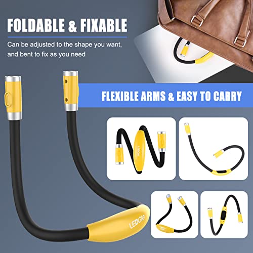 LEDGLE LED Neck Light for Reading Rechargeable Neck Flashlight for Knitting, 3 Adjustable Brightness, Flexible Soft Silicone Arms - for Reading Knitting Crocheting Camping Repairing (Yellow) - color: Yellow