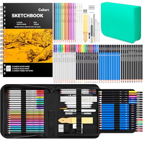 Caliart 176PCS Art Supplies Sketching Kit, 100 Sheets 3-Color Sketch Book - color: Green