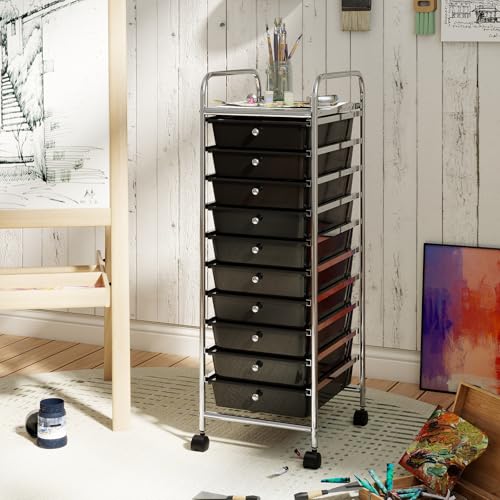 RELAX4LIFE 10-Drawer Rolling Storage Cart, Utility Cart with Metal Frame, Lockable Wheels & Removable Drawers, Multipurpose Art Craft Organizer for Home Office Classroom (Black) - color: Black, size: 38''H