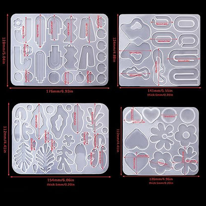 Resin Earring Molds, Set of 4 Style Silicone Earring Molds | Variety Shape Silicone Pendant Molds for Epoxy Resin Casting, UV Resin Jewelry, DIY Earring, Keychain Crafting Gift - color: 4PCS Resin Jewelry Molds