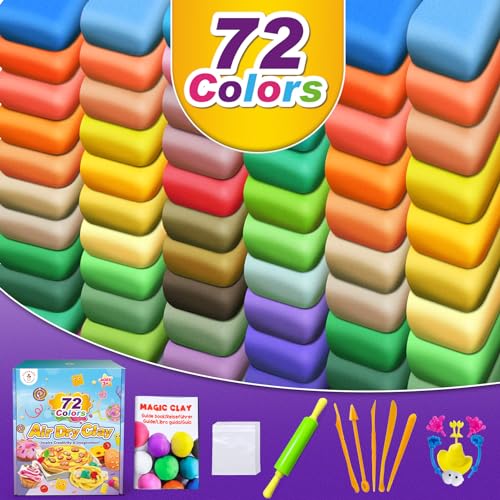 Air Dry Clay, 72 Colors Modeling Magic Clay for Kids | Includes Tools, Soft & Ultra Light, Ages 3-8+ Years, Boys & Girls - color: 72 Colors