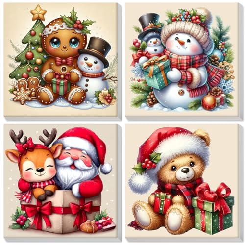 Bowetile 4 Pack Framed Paint by Numbers Christmas for Adults, Cartoon Paint by Numbers for Kids Ages 8-12 on Canvas, Acrylic Snowman Santa Claus Number Painting Christmas Gifts for Home Decor, 8x8in - color: Snowman, Santa Claus