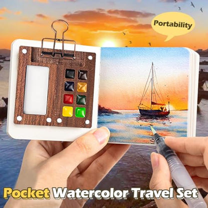 Pocket Artist Watercolor Travel Paint Palette, Mini Wooden Kit with Clip - color: 12 Colors 8 Grid Set