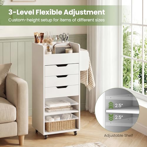 Giantex Craft Storage Cart - Utility Organizer Cart with 3 Drawers, 3 Shelves, 3 Slotted Compartments, 2 Rolling Rods, Crafting Sewing Cabinet on Wheels for Wrapping Paper Scrapbook Ribbon (White) - color: White