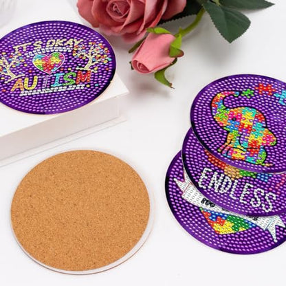 8 Pcs Diamond Art Painting Coasters with Holder, DIY Autism Awareness Diamond Art Coasters for Drinks Diamond Art Painting Kits for Beginners, Diamond Kits Craft Supplies for Adults - color: Purple Style