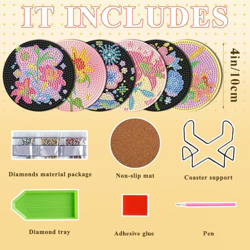 DOTSOPS 6 PCS Flowers Diamond Painting Coasters for Beginners with Holder - color: Eflowerc