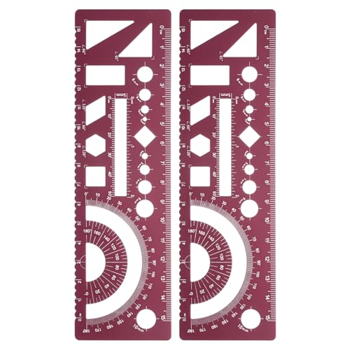 HARFINGTON 2pcs Multifunctional Geometric Rulers 15cm Metric and SAE Aluminum Straight Edge Protractor Angle Math Measuring Ruler Geometric Drawings Templates for Drawing Drafting, Dark Red - color: Dark Red