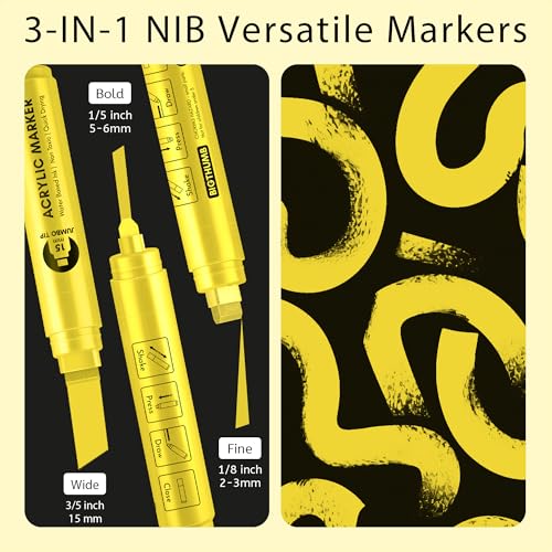 BIGTHUMB 3 Pcs Yellow Jumbo Permanent Markers: 15mm Wide Tip Thick Acrylic Paint Pen Large Calligraphy Marker for Rock Painting, Poster, Sign, Canvas, Glass, Wood, Ceramic - color: Yellow