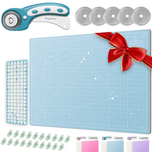Rotary Cutter Set - Quilting Kit incl. 45mm Fabric Cutter, 5 Replacement Blades - Ideal for Crafting, Sewing, Patchworking, Crochet & Knitting (Turquoise, Cutting Mat Set (36" x 24")) - color: Turquoise, size: A1 (36" x 24")