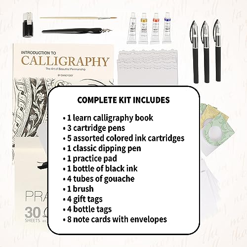 SpiceBox Learn Calligraphy Set for Beginners with Pens and Introduction Book for Adults, Hand Lettering Penmanship Learning Kit, Multi Colors (06772)