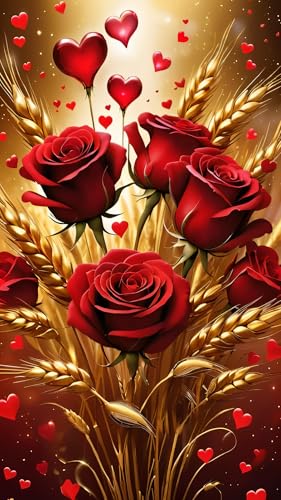 ARTGOTO Red Rose Diamond Painting Kit for Adults 15.7 x 27.5 Inch | Large 5D Full Square Drill Diamond Art Kit, Red Roses Hearts Wheat DIY Gem Art Canvas with 2 Tool Sets, 30% Extra Diamonds - color: AGT010