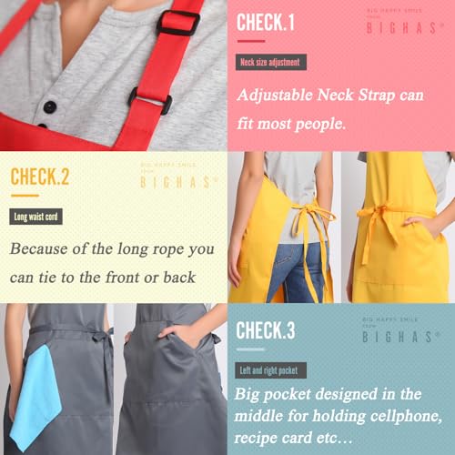 BIGHAS Adjustable Bib Apron with Long Ties for Women Men 18 Colors Chef Kitchen Cooking - color: Blue
