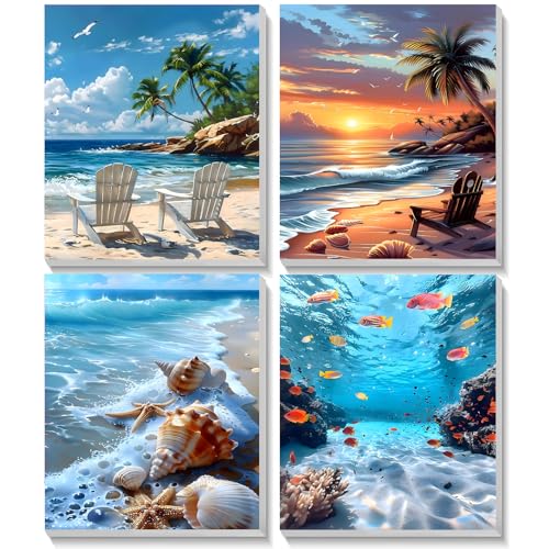 TOSTOG Seascapes 4 Pack Framed Canvas Paint by Numbers Art Kit for Adults and Kids, Beginner Acrylic Oil Painting Supplies with Wooden Frame for Home Wall Decor 20 * 25 cm/8 * 10 in - color: Seascapes
