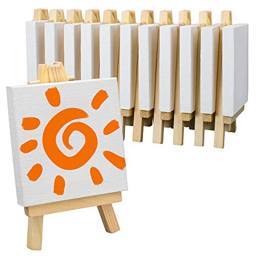 FIXSMITH 3x3 Inch Mini Stretched Canvas Easel Set- Bulk Pack of 12,Small Stretched White Blank Canvas Panels & Wood Easels for Painting Craft Drawing Decoration Gift Art Project DIY, Art Supplies - size: 3"X3"+ Easel