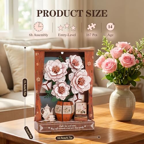 3D Puzzles for Adults Pink Roses Wooden Bloom Craft with LED Light - color: Pink Roses