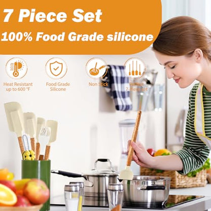 7 Piece Silicone Spatula Set, Food Grade Rubber Spatula Set with Wooden Handle, Heat Resistant Up to 600°F, Silicone Utensils Set for Baking, Cooking & Mixing, Jar, Non-Stick Kitchen Utensils - color: White