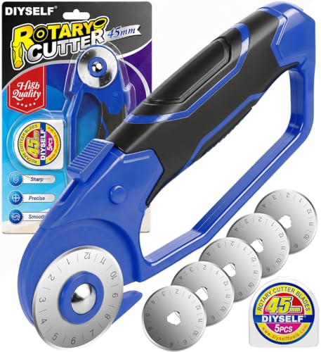DIYSELF 45mm Rotary Cutter for Fabric, Fabric Cutter Rotary Tool, 5 Blades | Roller Cutter for Fabric with Ergonomic Handle, Safety Lock and Quick-Change Blades for Quilting, Sewing, Paper and Leather - color: Blue