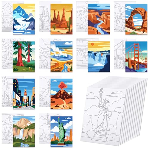 Anseal 12 Packs Landscape Pre Drawn Canvas to Paint, 5" X 7" Pre Printed Canvas for Kids, Pre Stretched Canvas Outline Painting Boards for Beginners, Students, Party Favor - color: Landscape