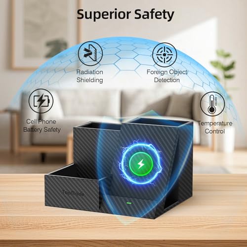 TopMade Wireless Charger Nightstand Organizer, Multi-Functional Pen/Pencil/Remote Holder for Desk, Leather Desktop Organizers, Home Office Supplies Fast Phone Charging Stand, Black Carbon Fiber - color: Black Carbon Fiber