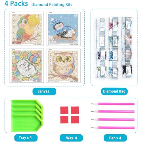 UiSdfuy Diamond Art Kits for Kids,Arts & Crafts for Kid Ages 8-12,Diamond Art for Kids,Gem Art 4 Pack Diamond Painting 6" X 6" (Penguin Bear Parrot Owl) - color: Penguin Bear Parrot Owl