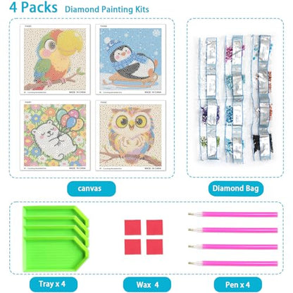 UiSdfuy Diamond Art Kits for Kids,Arts & Crafts for Kid Ages 8-12,Diamond Art for Kids,Gem Art 4 Pack Diamond Painting 6" X 6" (Penguin Bear Parrot Owl) - color: Penguin Bear Parrot Owl