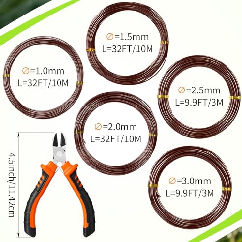 Mudder 5 Roll Bonsai Training Wire Aluminum 1/1.5/2/2.5/3mm Brown | Anodized Coating Resists Rust, 118 Ft for Branches, Includes Cutter, Flexible Cable Holds Shape, For Bonsai Tree Training - color: Brown, size: 1/1.5/2/2.5/3mm