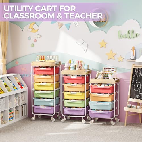 SYKIARIOL Utility Cart with 5 Labeling Drawers and Wooden Tabletop - color: Jelly Bean Color, size: 5-Drawer