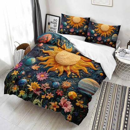 AILONEN Space Galaxy Soft Duvet Cover Set King Size,3-Piece Sun Planet Starry Flower Boho Comforter Cover Set, 1 Quilt Cover with 2 Pillowcases - color: S12, size: King