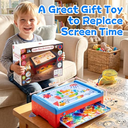 PLAY Light Box for Kids, LED Light Table with 6 Translucent Puzzle Films and 50 Shapes, Adjustable Colors and Brightness, Sensory Toy for Painting, Sketching, Drawing and Early Development