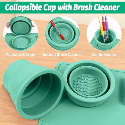Silicone Painting Mat, 23.6x15.8in Art Drawing Mat with Brushes | For children DIY art watercolor clay use, table protection craft mat, painting station with cup palette cleaning cup, green - color: Green