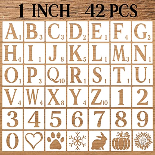 1 Inch Letter Stencils Numbers Craft Stencils, 42 Pcs Reusable Plastic Alphabet Drawing Templates for Painting on Wood, Wall, Fabric, Rock, Signage, Door Porch, DIY Art Projects - size: 1 Inch