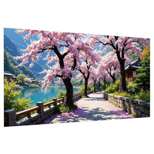 JOOZ Large Diamond Art Kits for Adults 5D Landscape Diamond Painting Kits Cherry Blossom Tree Diamond Painting Flowers Kits Mountain Gem Painting Kits for Gift Home Wall Decor 27.5x15.7 Inch - color: Sakura 056