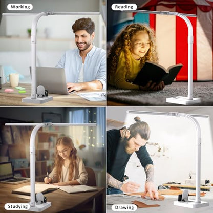 Double Head LED Desk Lamp, Architect Desk Lamps for Home Office, 24W Brightest Workbench Office Lighting-5 Color Modes and 5 Dimmable Eye Protection Modern Desk Lamp (White-Desktop, Big) - color: White-Desktop