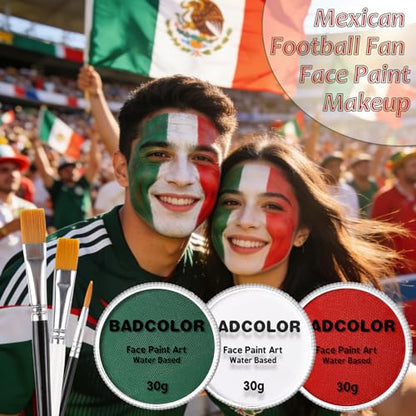 Green White Red World Cup Mexico Flag Face Body Paint Set, Face Painting Kit with Paintbrushes for Halloween Day of the Dead Catrina Makeup Clown Skull Tribal Warrior Christmas Elf Queen SFX Make-up - color: Dark Green+White+Red+3Pcs Brushes